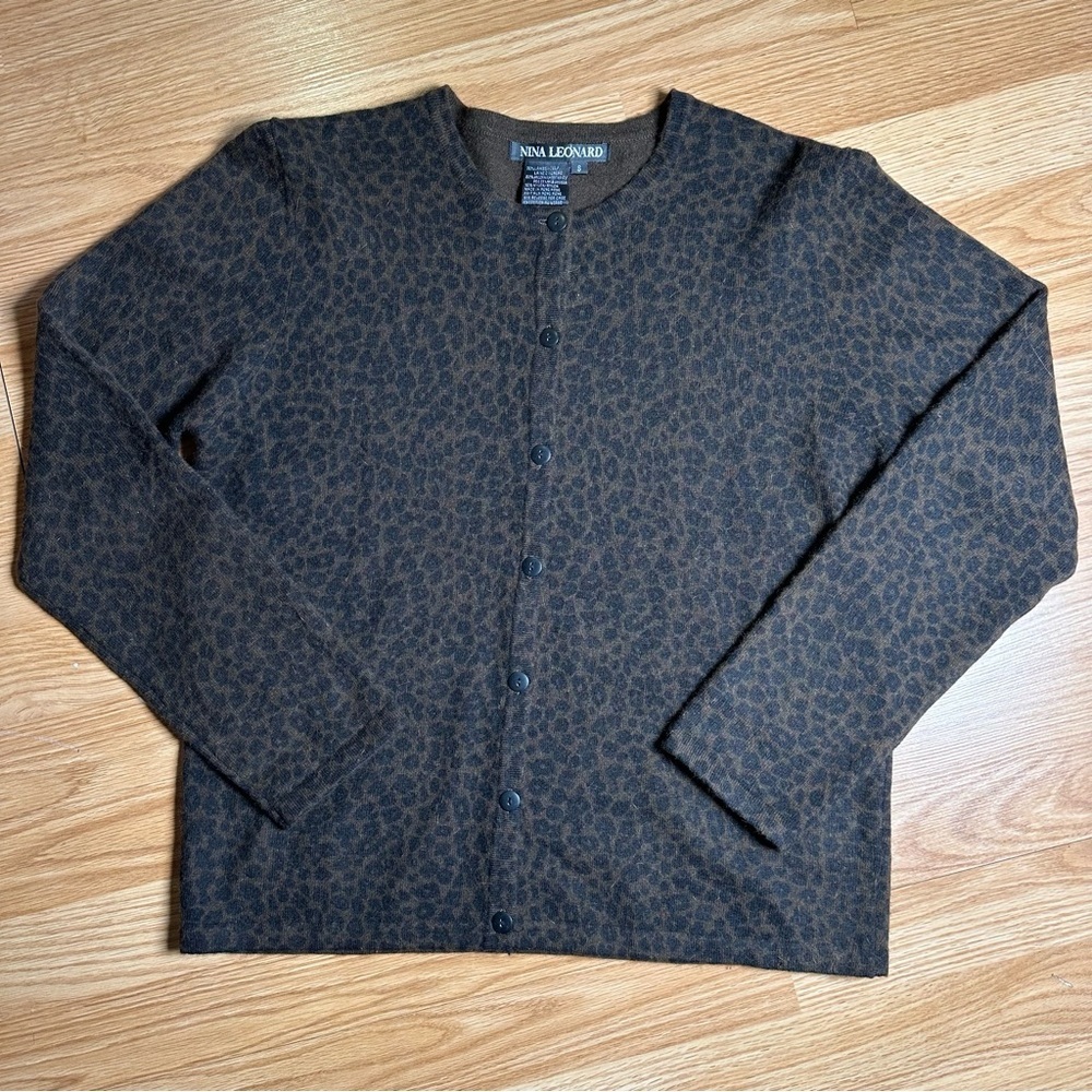 Women Small Lambswool Angora Blend Button Up Long Sleeve Cheetah Print Cardigan